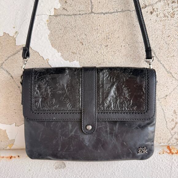 The Sak Leather Crossbody Bag Black Satchel Purse with Flap Pockets Y2K Style - Picture 2 of 8